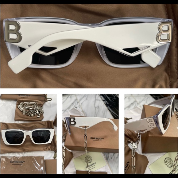 BURBERRY CLASSIC RECTANGLE SUNGLASSES WITH BOLD “B” LOGO & DETACHABLE B CHAIN - Picture 9 of 16